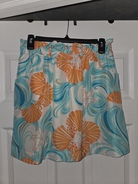 Lilly Pulitzer Silk Aqua & Orange Shell-Print Skirt